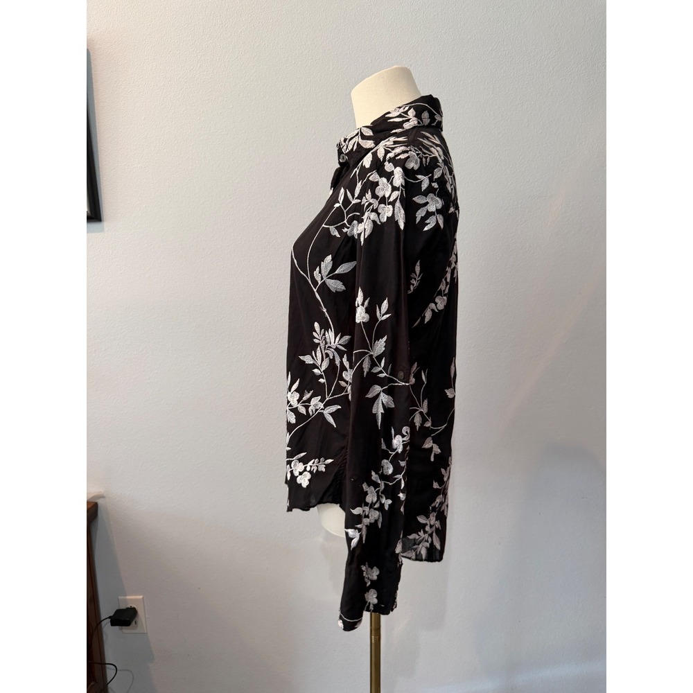 Cino Cotton Floral Embroidered Button Up Shirt Black Long Sleeve Boho Cottage XS - Picture 5 of 12